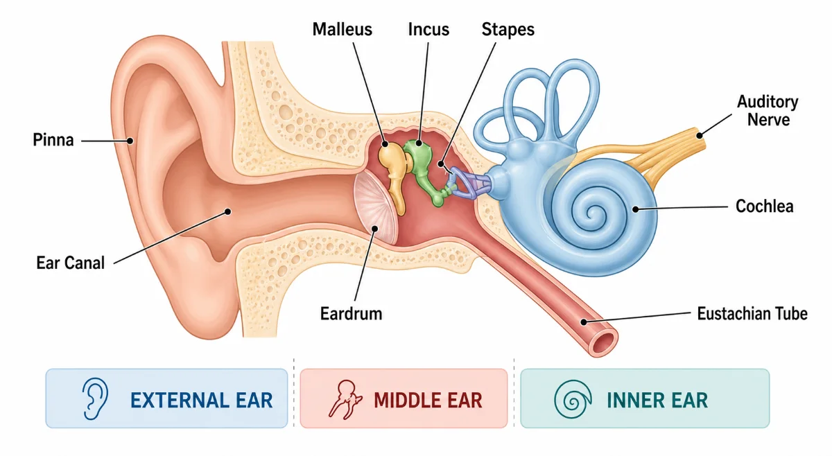 Diagram of the outer, middle, and inner ear