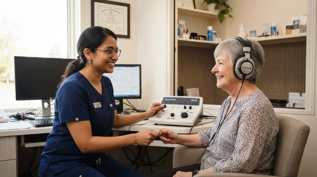 Audiologist reviewing hearing test results